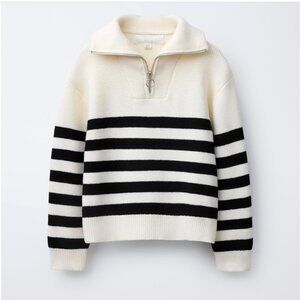 ZARA Kids Striped Knit Zip-Up Sweater Navy Cream Size 11-12 Nautical Preppy